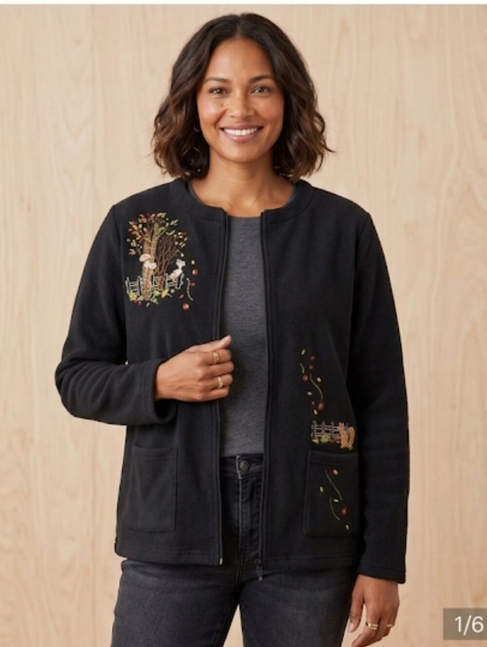 Breckenridge Black Sweatshirt Cardigan with Autumn Nature Embroidery